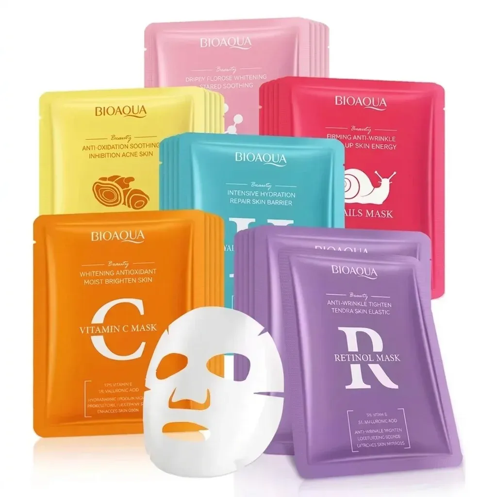 חמישה מסכות פנים BIOAQUA באריזות צבעוניות