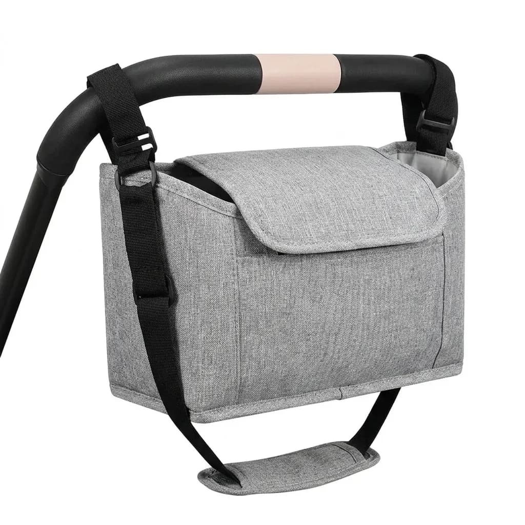 Compacte kinderwagenorganizer met bekerhouder