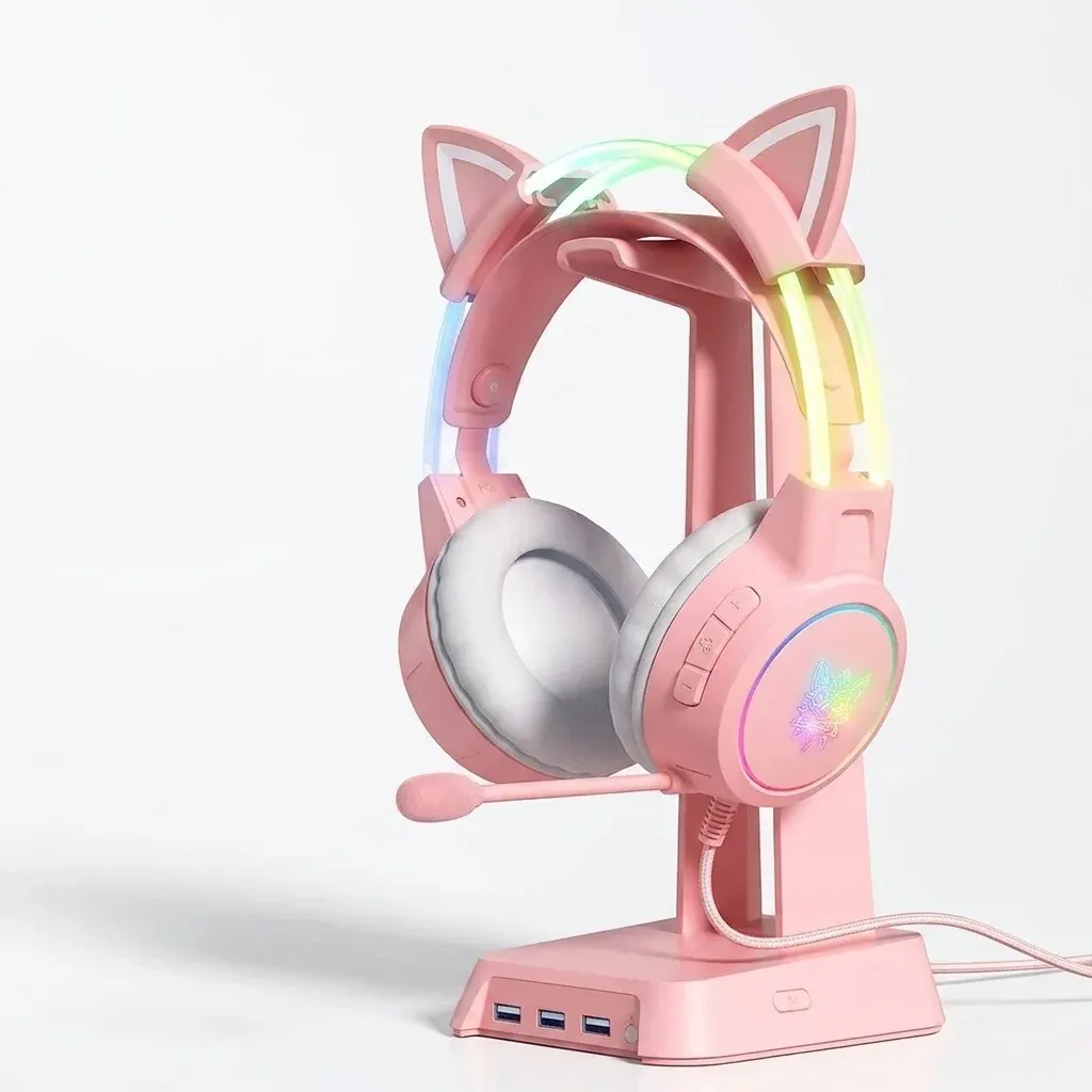 Roze ONIKUMA X15 Pro gamingheadset met standaard