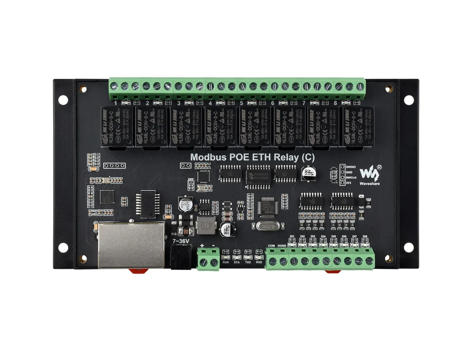 Waveshare 8-kanaals Ethernet-relaismodule met PoE en Modbus
