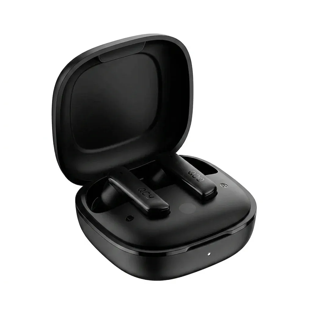 QCY HT05 zwarte oordopjes in open case
