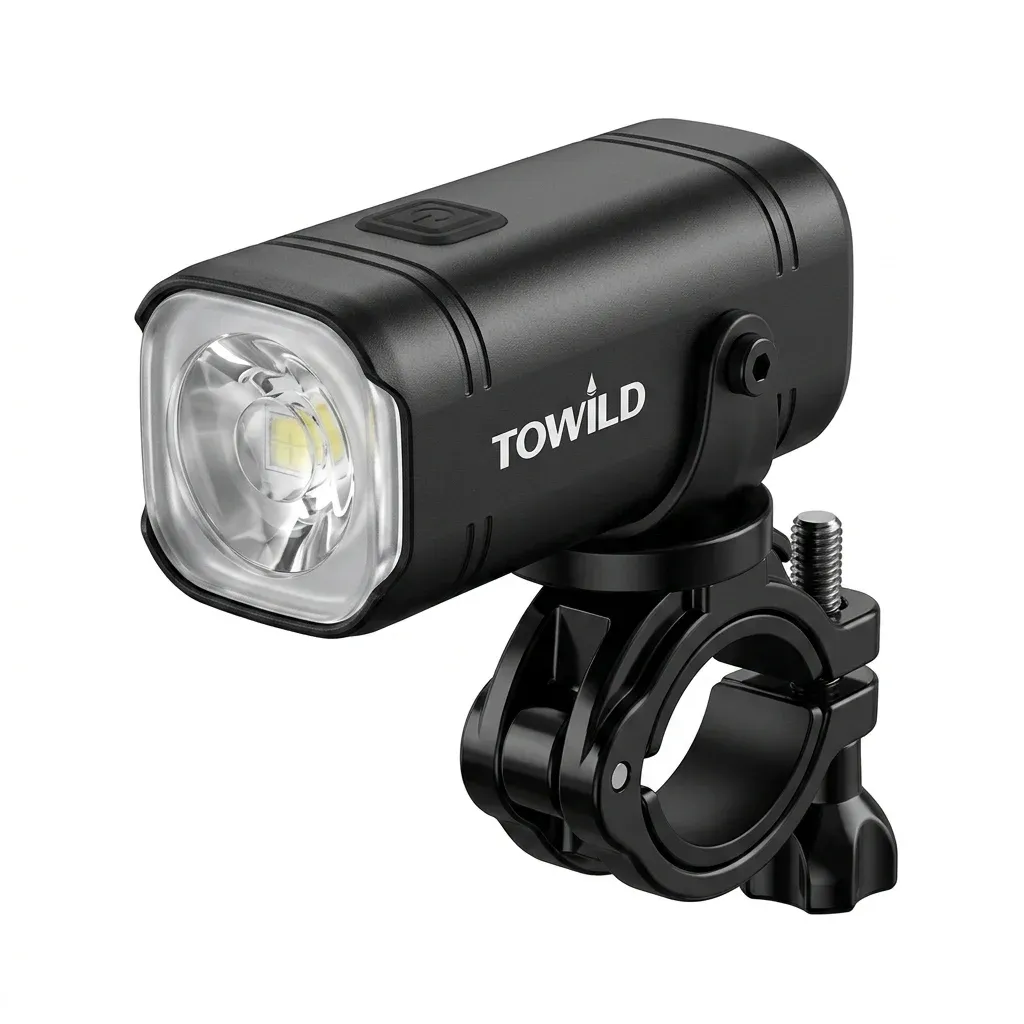 Compacte zwarte TOWILD fietsvoorlamp op houder
